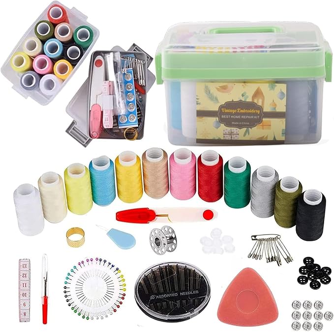 Sewing Kit for Adults & Beginners - Portable Travel Hand Sewing Supplies with Case, Thread, Needles, Scissors - Complete Basic Starter Set (Green)