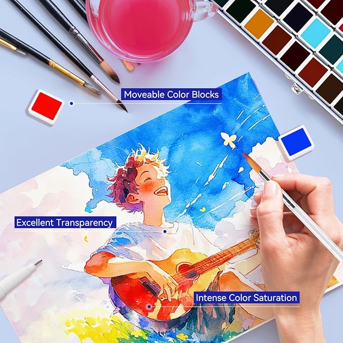 Travel Watercolor Set, 52 Colors Watercolor Paint with 1 Drawing Pencil, 1 Paint Brush, 5 Watercolor Paper, 1 Sponge & 1 Black Drawing Pen, Water Colors Paint Adults Set, Blue Case