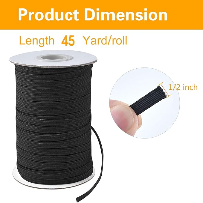 Coopay 45 Yards Length 1/2" Width Elastic Bands Flat Elastic Cord Rope Heavy Stretch Spool Knit for Sewing DIY Projects, Arts & Crafts (Black, 1/2 Inch)