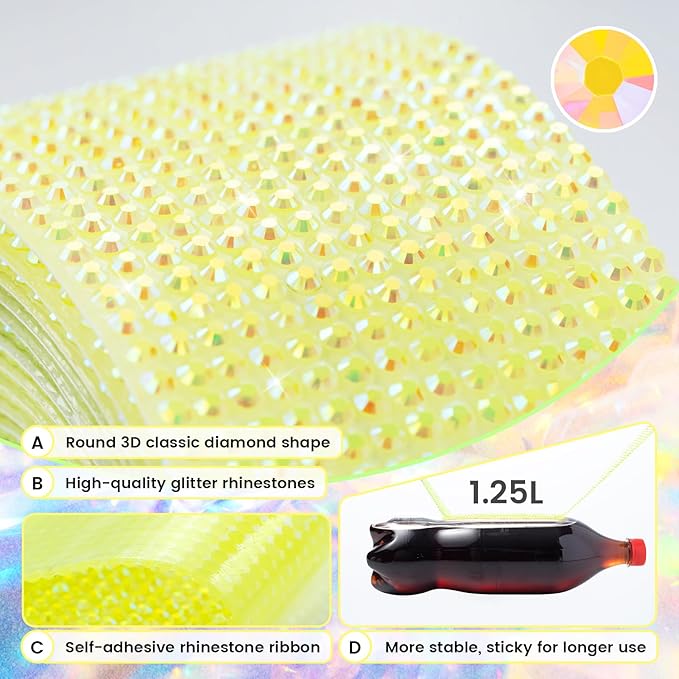 Novani Self Adhesive Rhinestone Ribbon, 0.78 Inch Wide 3 Yards 1 Roll, Lemon Yellow Diamond Bling Strips for DIY Crafts, Glitter Resin Rhinestones Tape for Crafting, Car Decoration