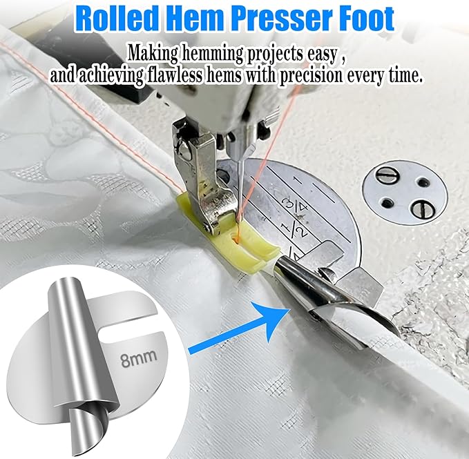 TOOVREN 8pcs Rolled Hem Presser Foot Sewing Rolled Hemmer Foot 3mm-10mm 8 Sizes Wide Hemmer Feet Set Seam Guide Universal Presser Feet Hemming for Sewing Machine Accessories and Tools