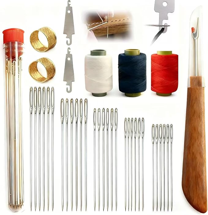 34Pcs Sewing Tools Set,Big Eye Steel Sewing Needles Kit,Stainless Steel Needles for Hand Sewing Supplies with Thread & Needle Threader,Heavy Duty Needle and Thread Sewing Kit for Beginners,Adults