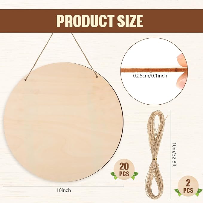 Suzile 20 Pcs Blank Wood Rounds Unfinished Wooden Crafts Signs Circles Discs for DIY Christmas Home Decor Painting Door Hanger Design(10 Inch)