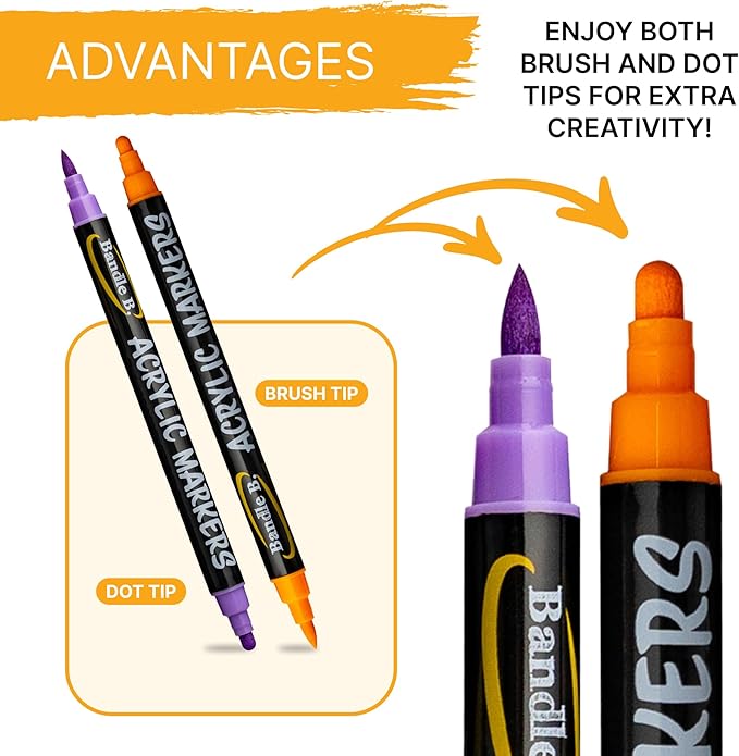 Bandle B. Acrylic Paint Markers – Set of 24 Dual Tip Paint Pens with Dot and Brush Tip for Art, Rock Painting, Coloring, Journaling, Wood, Glass, Canvas and DIY Crafts