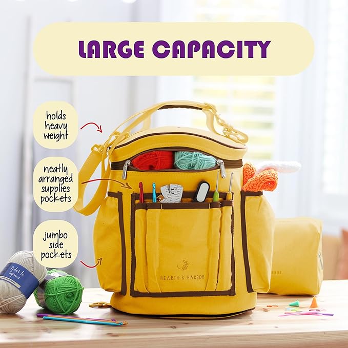 Hearth & Harbor Crochet Bag Organizer – Durable Knitting Bag, Yarn Organizer for Accessories and Supplies, Canvas Yarn Holder, Crochet Carrying Case with Accessories Pouch, Storage Organizer –Mustard