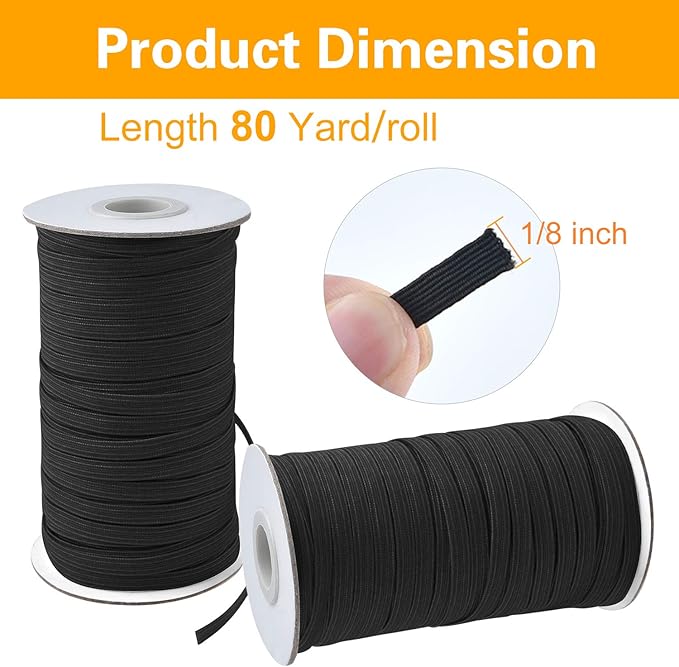 Coopay 160 Yards Length 1/8" Width Elastic Bands Flat Elastic Cord Rope Heavy Stretch Spool Knit for Sewing DIY Projects, Arts & Crafts, 2 Rolls, 80 Yards/Roll (Black, 1/8 Inch)
