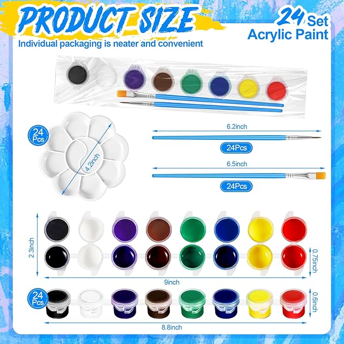 Fulmoon 24 Set Mini Acrylic Paint Set for Kids Adults Washable Mini Painting Kit Arts Crafts Party Favors Filled Strips Brushes Palettes Bulk for Classroom Home Kit Supplies (Fresh Color)