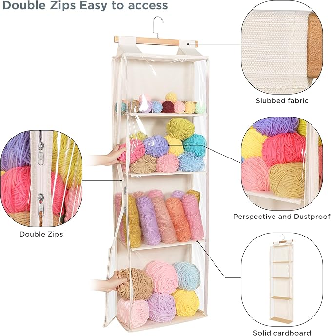 Beige Hanging Yarn Storage with 4 Large Pockets, Clear Knitting Organizer Storage with Zippers for Crochet Lovers, Hanging Yarn Holder with Over-Door Hooks for Knitting Needles Crochet Hooks