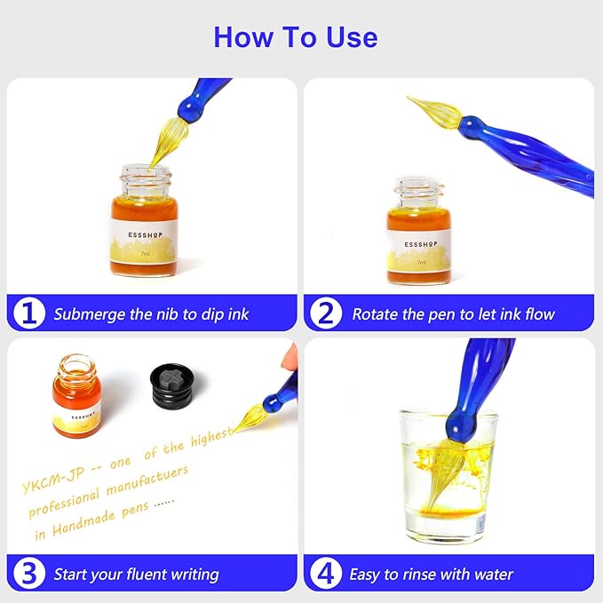 ESSSHOP Glass Pen Calligraphy Set - 3 Blue Crystal Dip Pens Color Ink and Pen Holder Art Supplies Kit for Signatures Beginners Journaling Lettering Drawing Holiday Gift Decoration