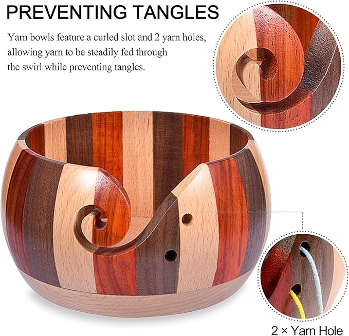 Coopay Wool Yarn Bowl Rosewood, Handmade Wooden Yarn Storage Bowl With Holes, Knitting Wool Storage Bowl Round - Ideal Knitting Crochet Accessories for Knitters