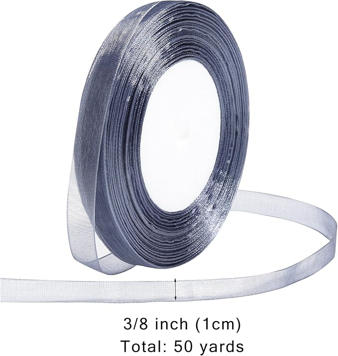 Grey Ribbon for Gift Wrapping 3/8 inch Sheer Organza Ribbon for Flower Bouquet Tulle Chiffon Ribbons for Wedding Invitations Christmas Halloween Decorations Crafts 50 Yards