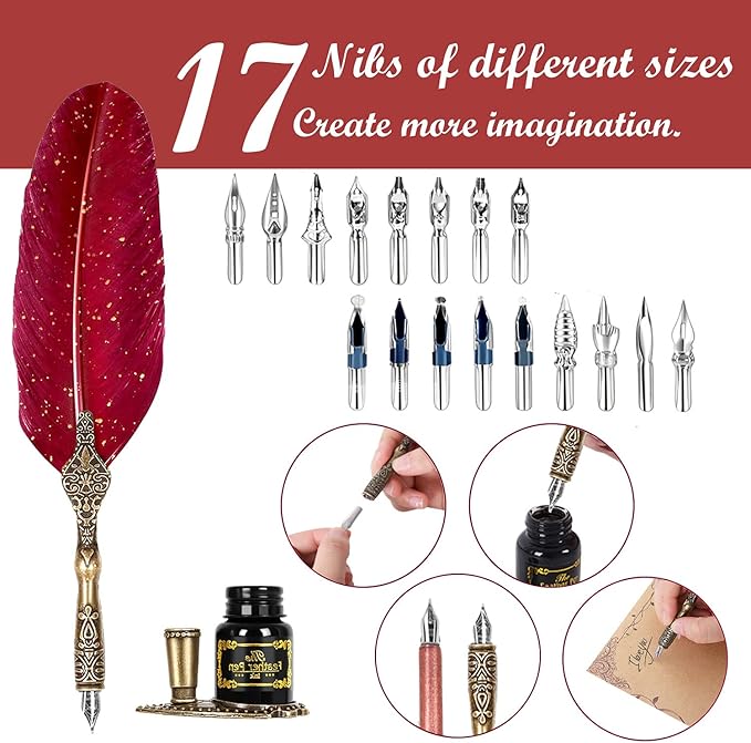 Quill Pen and Ink Set,Feather Pen Ink Set Includes Quill Pen and wooden dip pen,Ink,17 Replacement Nib,Pen Base,3 Wax Seal Sticks,Stamp,White Wax, Spoon,Envelope Letter Paper,envelope tool(Red)