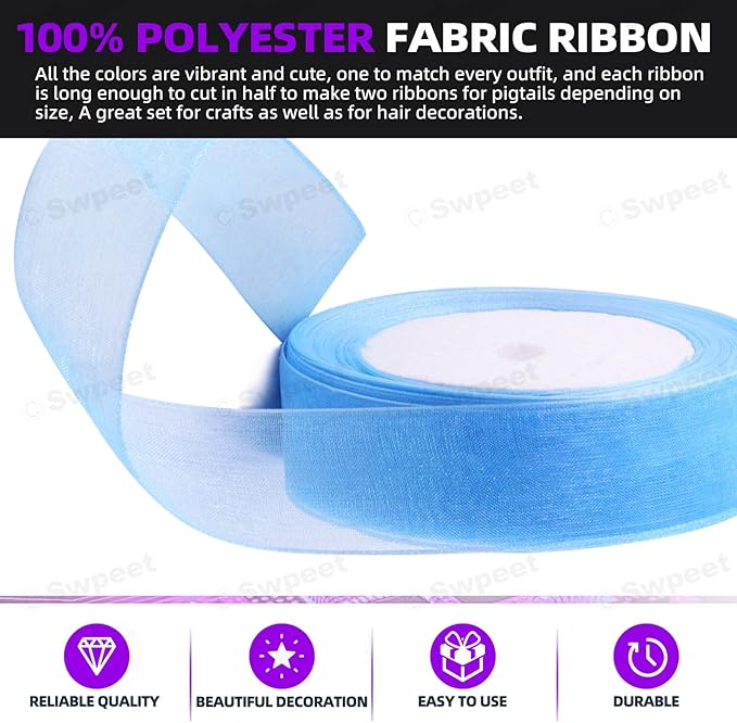 Swpeet 2 Rolls 50 Yards x 1 Inch Blue Shimmer Sheer Fabric Ribbons Organza Ribbon, Transparent Sheer Ribbon Chiffon Fabric Ribbons for Bouquets Wedding Birthday Decoration