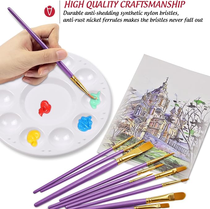 Paint Brushes Palettes Set by DUGATO, 2 Packs/20pcs Round Pointed Tip Nylon Hair Brushes with 5 Paint Trays for Acrylic Watercolor Oil Gouache Tempera and Body Painting (Purple)