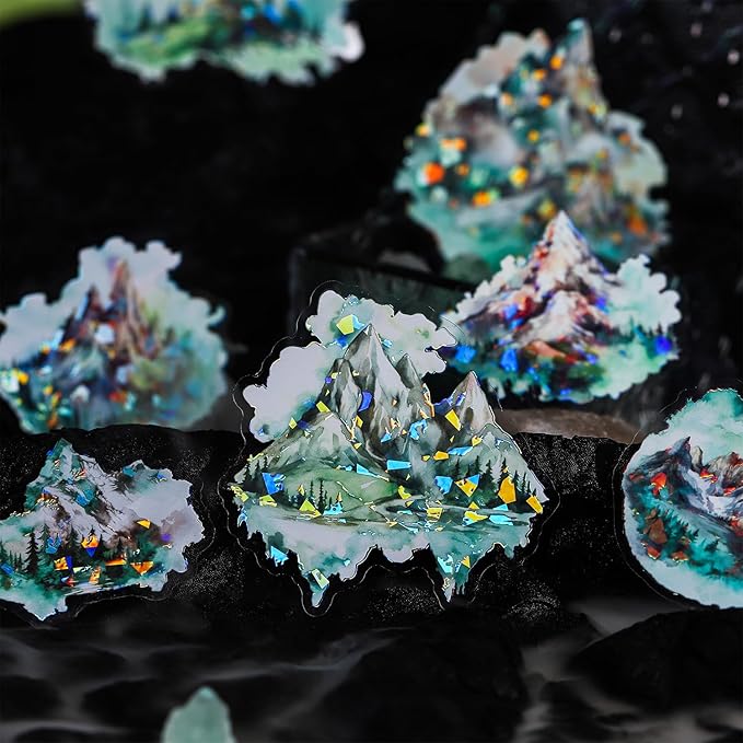 60 Pcs Mountain Holographic PET Stickers Set, Landscape Stickers for Scrapbooking, Journaling and DIY Crafts