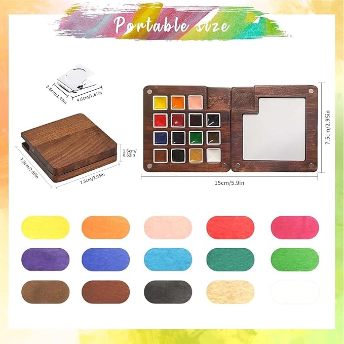 Mini Paint Palette Travel Kit - Mini Travel Watercolor Palette Set, Pocket Artist Water Color Travel Set with Colours, Binder Clips, Watercolor Pens, Wooden Paint Box for Painters Artists Students