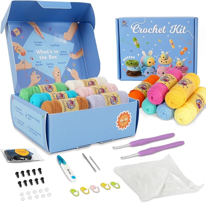 Crochetta Crochet Kit for Beginners Adults - Complete Starter Set with Crochet Hooks, Scissors, Stitch Markers + 12-Colored Yarn 22-25 Yards (10g) per Color