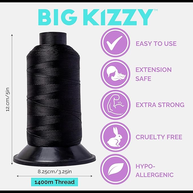 Big Kizzy Black 1400m Nylon Thread for Hair Extensions, Sew in Human Hair Weft and Wigs - Non-Slip and Comfortable Hold for Hand and Machine Tied Weft
