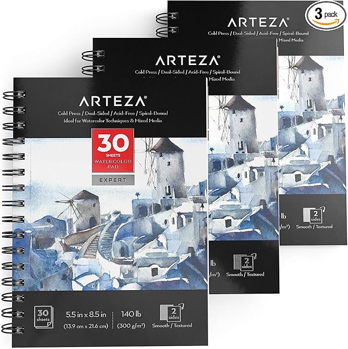 ARTEZA Watercolor Paper, Pack of 3, 30 Sheets Each, 5.5x8.5 Inches Water Pad, Spiral Bound, 140lb/300gsm Cold Press, Acid Free Art Paper