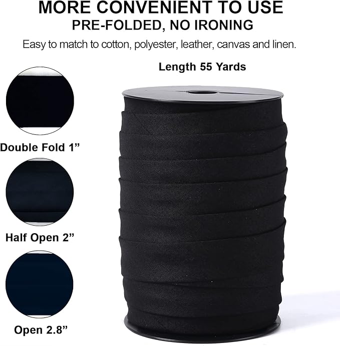 Bias Tape Double Fold 1 inch, Double Fold Bias Binding Tape 55 Yards (Black) and 4 Pieces Sewing Fabric Chalks for Crafts, Sewing, Seaming, Hemming, Piping, Quilting.