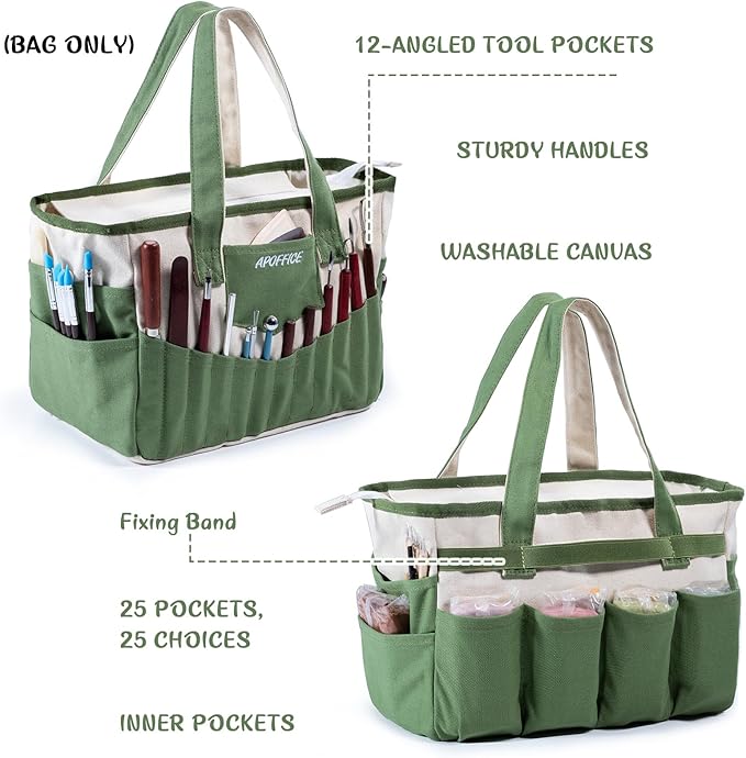 Pottery Tools Bag with Pockets for Clay Sculpting Tools, Ceramic Tools– Art Supply Organizer for Polymer Clay Tools, Craft Tote, Yarn & Crochet Storage, Washable Canvas Artist Bag Gift