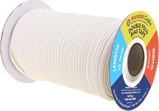 Mandala Crafts 55 Yards 1/4 Inch Ivory Double Fold Bias Tape for Sewing - Bias Binding Tape for Quilting Binding, Hemming, Seam, and Fabric Piping