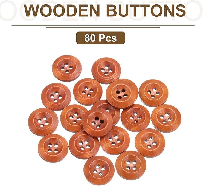 uxcell 80Pcs Wooden Buttons, 20mm(13/16") 4 Hole Round Wood Sewing Button Craft for Sewing DIY Craft Clothing, Brown