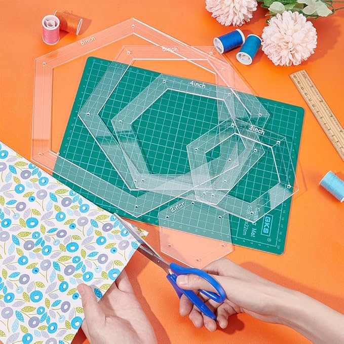 BENECREAT 5 Sizes Hexagon Quilting Template, Acrylic Intricate Sewing Machine Ruler with 0.14Inch Hole for DIY Hand Patchwork Craft