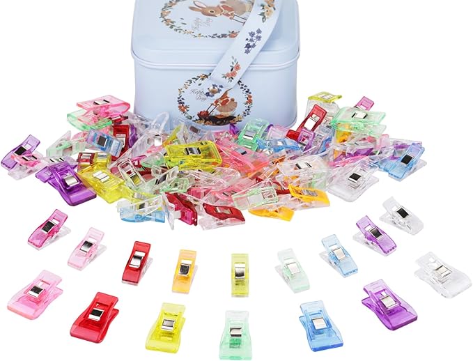 CampTek Pack of 100 Sewing Fabric Clips with Tin Box,Sewing Notions for Sewing Quilting Supplies, Crafting Tools Accessories,Paper Work,Assorted Colors(80 Small+20 Middle Plastic Clips)