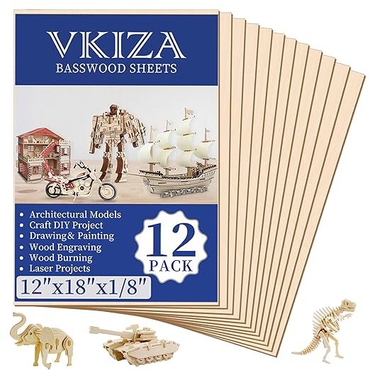 12 Pack Basswood Sheets for Crafts 12x18x1/8 Inch, 3mm Thick Unfinished Plywood for Laser Cutting & Engraving, DIY Ornaments and Architectural Model