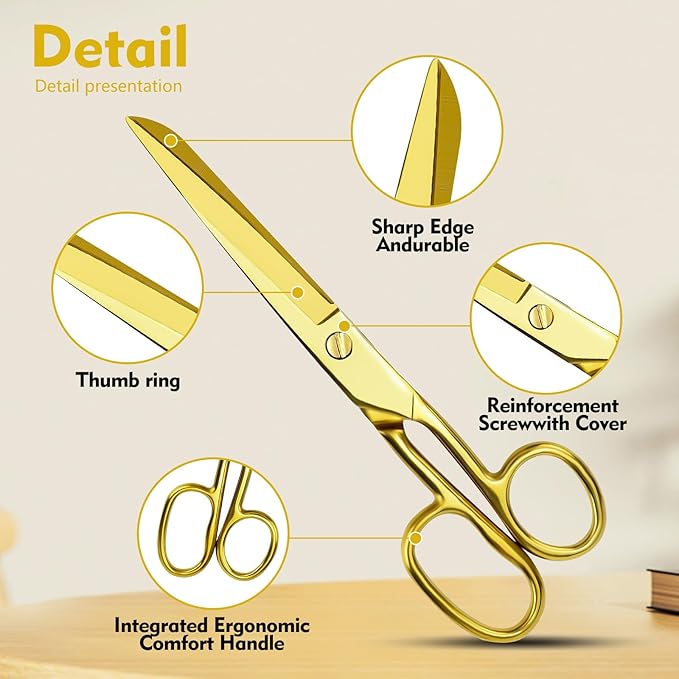 Gold Scissors for Office Multipurpose Stylish: 7 inch - Comfort Grip - Stainless Steel - Scissors with Home - School - for Cutting Paper - Open Envelopes - Cut Tape (Gold Scissors for Office)