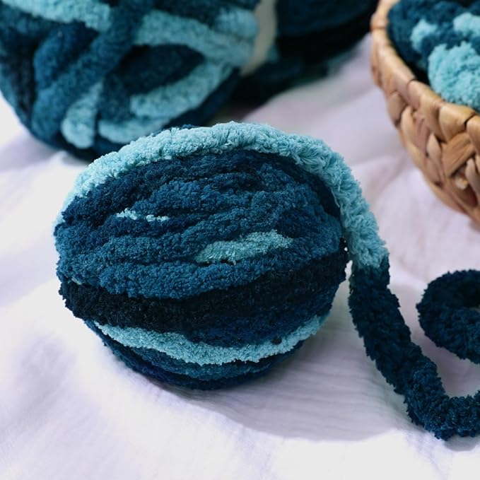HOMBYS Blue Multi Chunky Chenille Yarn for Hand Knitting,Fluffy Soft Jumbo Yarn Crocheting,Super Bulky Big Yarn for Chunky Blanket,Large Thick Arm Knitting Yarn,8 Pack Plush Yarn