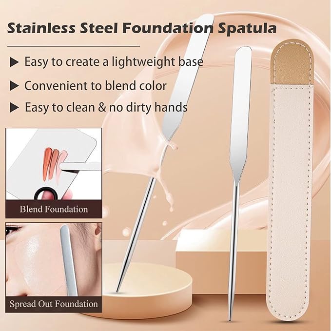 Picasso Makeup Spatula and Palette Set, Korean Makeup Spatula with Leather Cover, Stainless Steel Palette with Scraper Tool for Cosmetic Pigment Blending（SS）