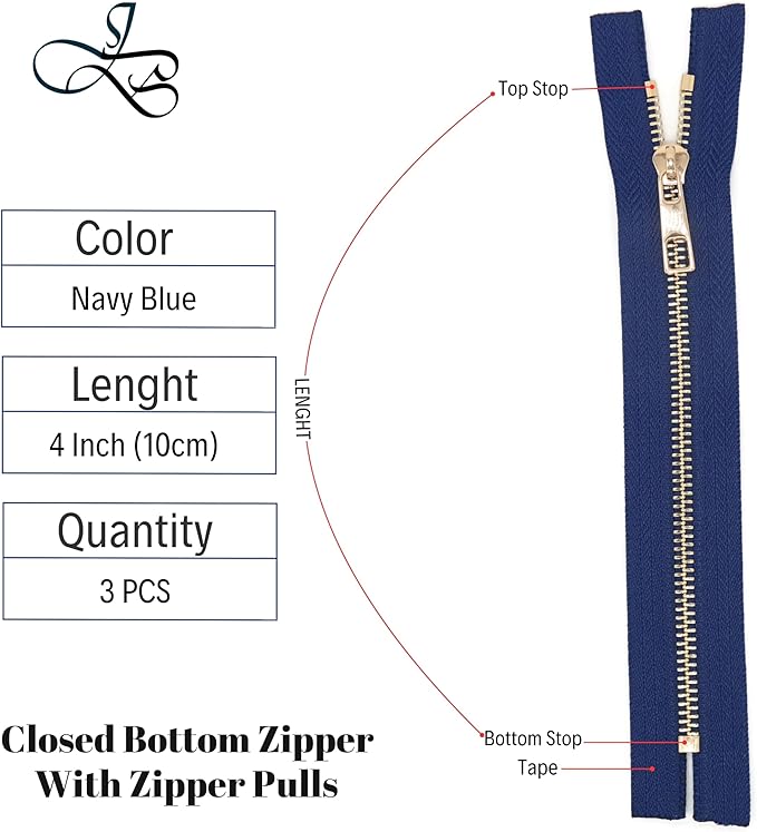 #5 Gold Metal Zipper - 50+ Colors - 3 PCS - (4-14 inches) Sizes - Luxury Lightweight Handcraft Metal Zippers with pulls for Purses Bags Pockets Shoes Sewing & Crafts DIY ZP02424