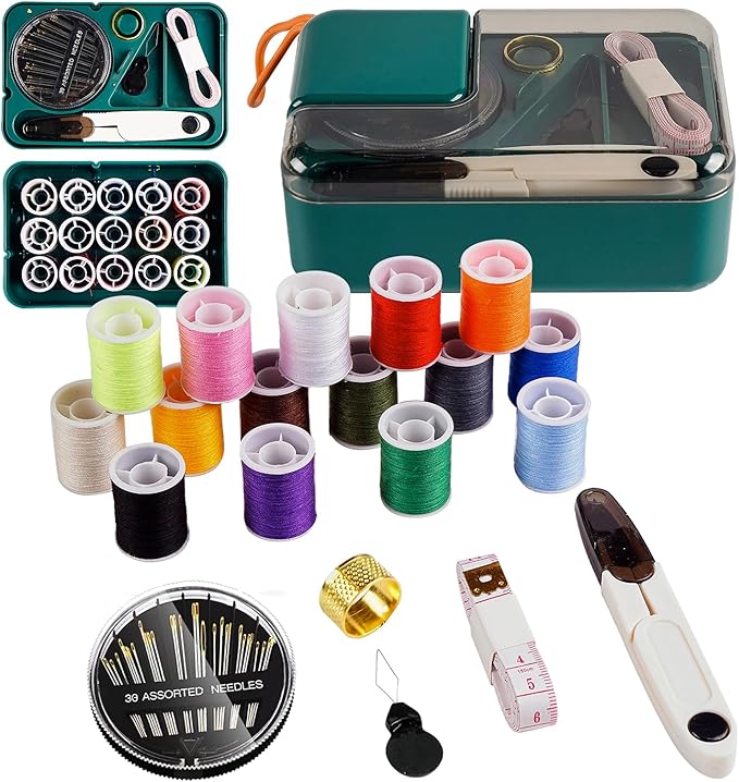 Mini Sewing Kits for Adults & Kids, Small Sewing Accessories and Supplies for Beginners with Needles, Threads, Scissors, Measure Tape, Suitable for Travel, Home, School and DIY Gift (Dark Green)
