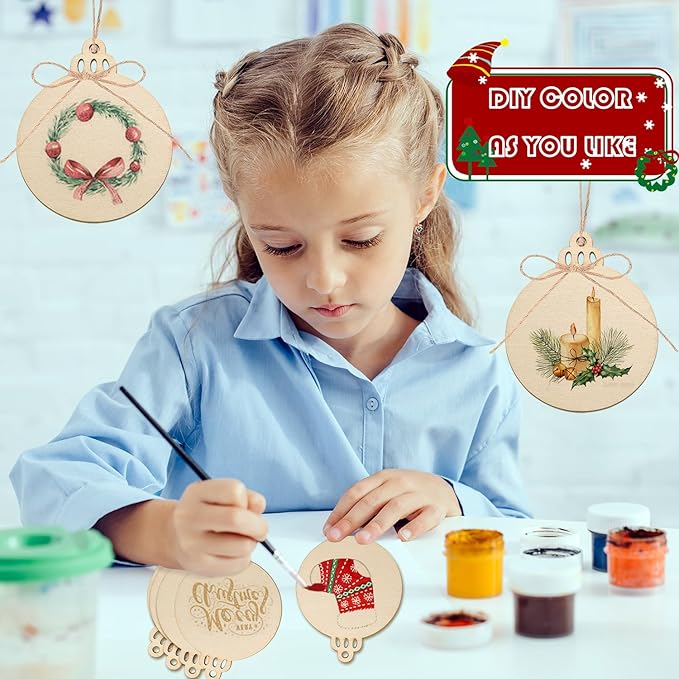 Artmag 100pcs Christmas Unfinished Wood Wooden DIY Hanging Ornaments Blank Round Wood Discs for Crafts Centerpieces Holiday Christmas Hanging Decor Decorations