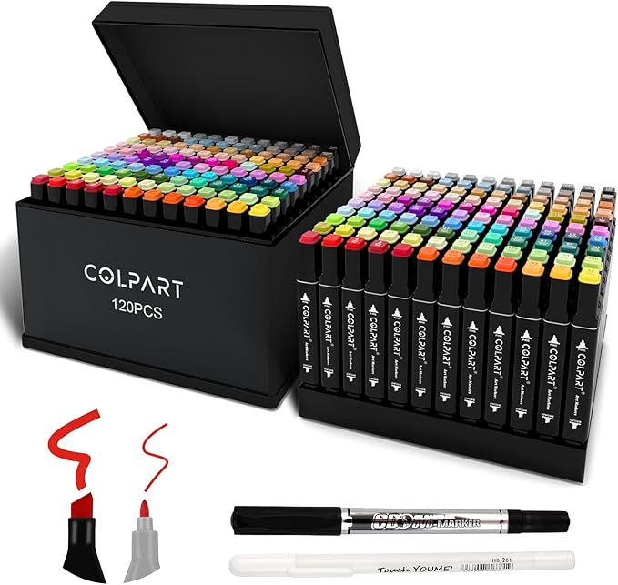120 Colors Alcohol Markers Set Dual Tip Art Markers for Kids Marker Pens with Pen Holder and Case for Adult Painting Supplies Perfect for Painting, Coloring Book, Sketching and Drawing