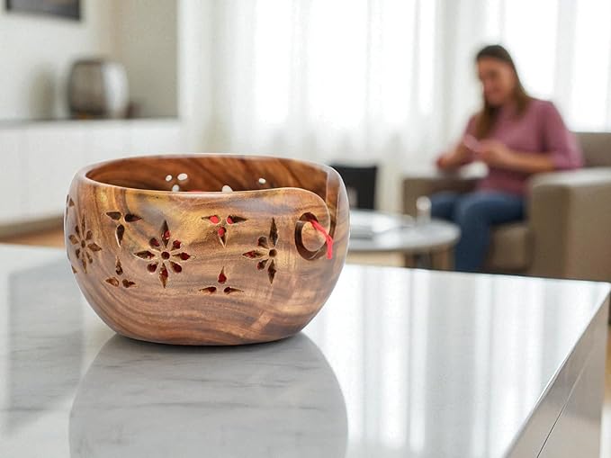 Large Yarn Bowl for Crocheting, Indian Rosewood Knitting Wooden Large Yarn Bowl Holder, Handmade Crocheting String Storage Holder, Knitting Crochet Accessories. (Brown)