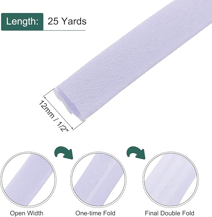 MECCANIXITY 1/2 Inch Double Fold Bias Tape Continuous Bulk Cotton Bias Tape for Sewing Seaming Quilting Hemming Binding Crafts (Light Purple 25 Yards)