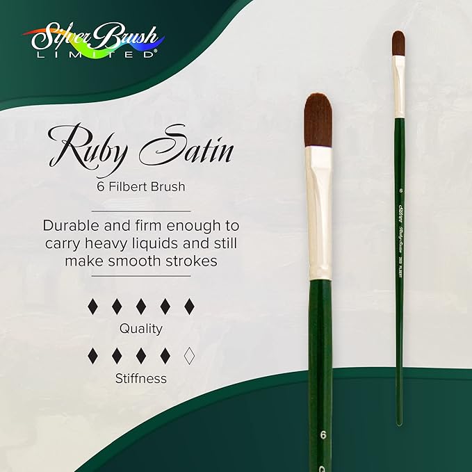 Silver Brush Limited 25036 Ruby Satin Filbert Brush for Fluid and Flow Acrylics, Size 6, Long Handle