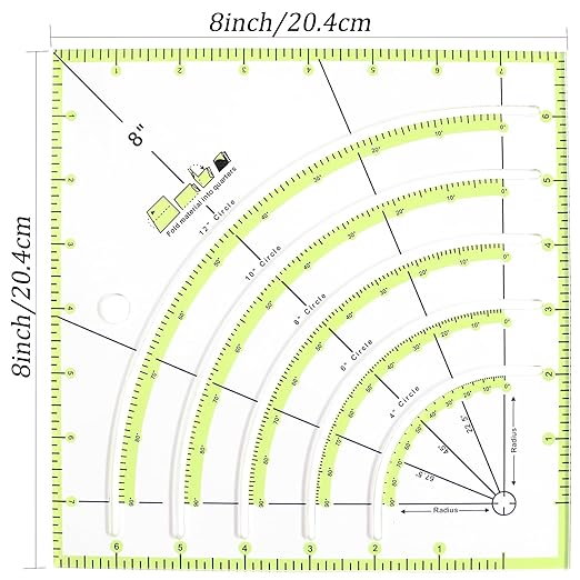 8x8 inch Acrylic Arc Cutting Fabric Ruler,Circle Templates for Quilting,Multifunctional Classic Quilting Ruler,Cut Patchwork Cloth,Sewing,Painting and Handicrafts