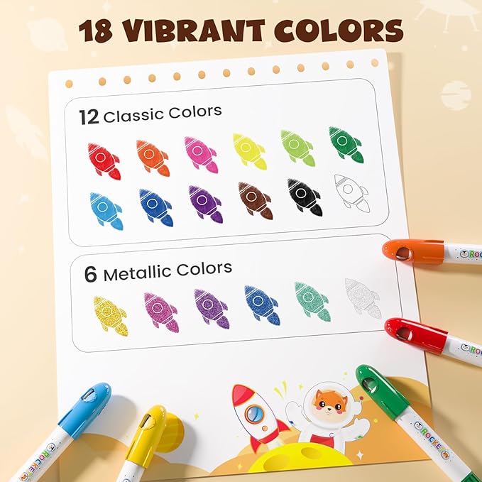 JUPITEARTH 18 Colors Rocket Tempera Paint Sticks with 120 PDF Coloring Pages, Quick Drying, Non-Toxic and Washable Paint Sticks for Kids and Students, Art Supplies for Drawing on Paper and Canvas