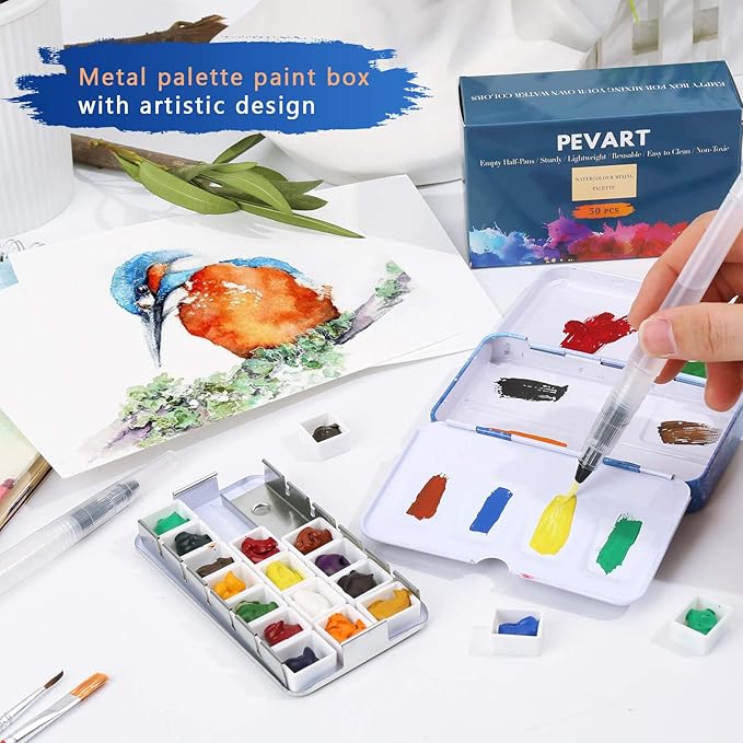 PEVART Watercolor Tin Palette, Metal Empty Paint Case with 50 PCS Empty Half Pans and a Water Color Pen Suitable for DIY Travel Watercolor Palette, Acrylic and Oil Painting