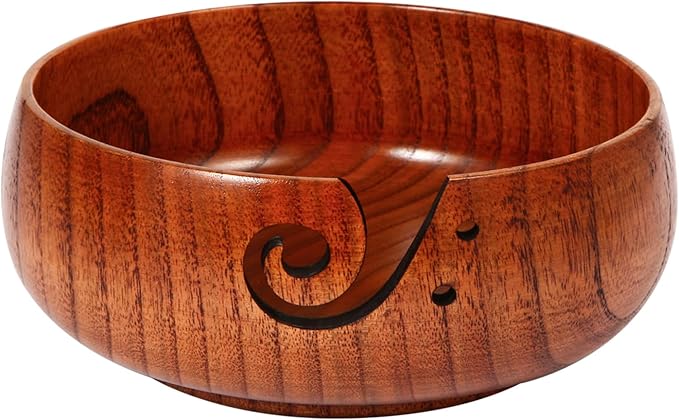 Wooden Yarn Bowl, 8" x 3" Knitting Tool with Holes, Handmade Rounded Edge for Crocheting, Storage Holder for DIY Sewing Supplies