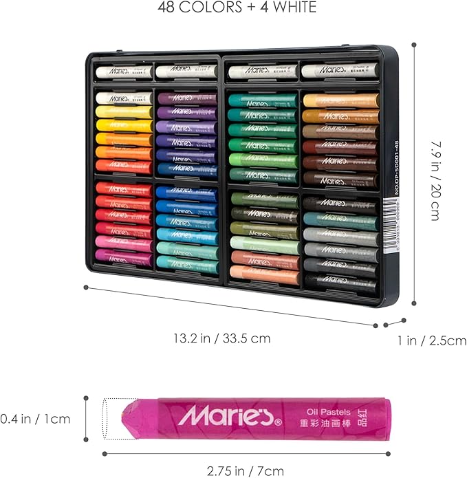 Marie's 48 Colors Oil Pastels with 4 Bonus White Pencils in Tin Box,Vibrant Colors for Smooth Blending & Layering, Oil Pastels for Artists, Students, Teachers & Beginners (10x70mm)