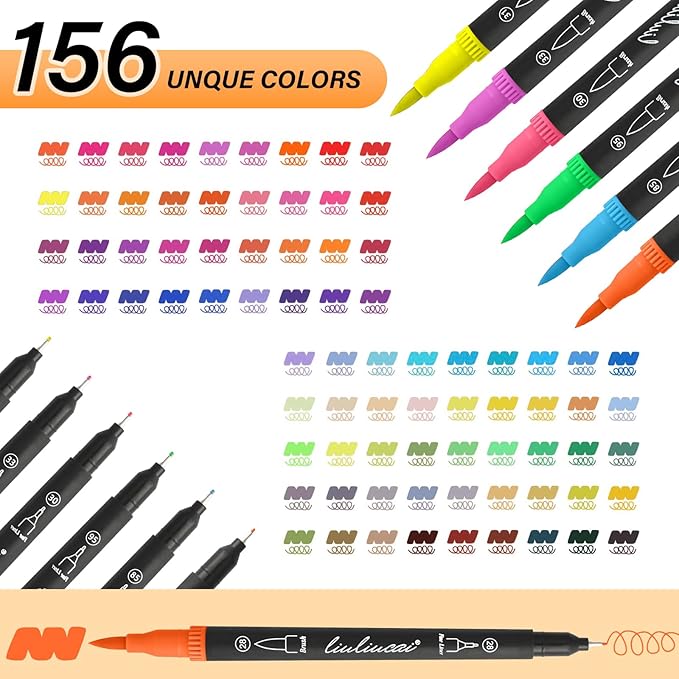 156 Colors Dual Tip Markers Brush Pens, Fine & Brush Tip Art Markers for Adult Coloring Book Drawing Calligraphy, Colored Pen Christmas Gifts Stocking Stuffers for Teen Art Supplies