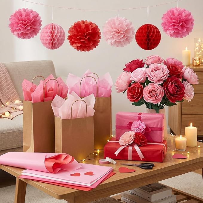 Qilery 500 Sheets Valentine's Day Pink White Tissue Paper Bulk for Gift Bags 15 x 20 Inch Acid Free Packaging Wrapping Paper Sheets for Valentine's Day Wedding Decoration DIY Flowers, Pom Poms Crafts
