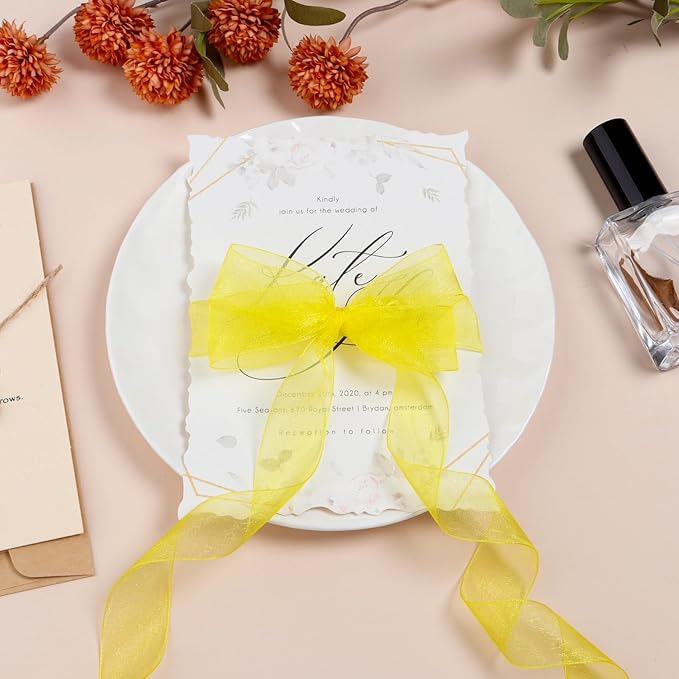 Yellow Ribbon for Gift Wrapping 3/8 inch Sheer Organza Ribbon for Flower Bouquet Tulle Chiffon Ribbons for Wedding Invitations Christmas Halloween Decorations Crafts 50 Yards
