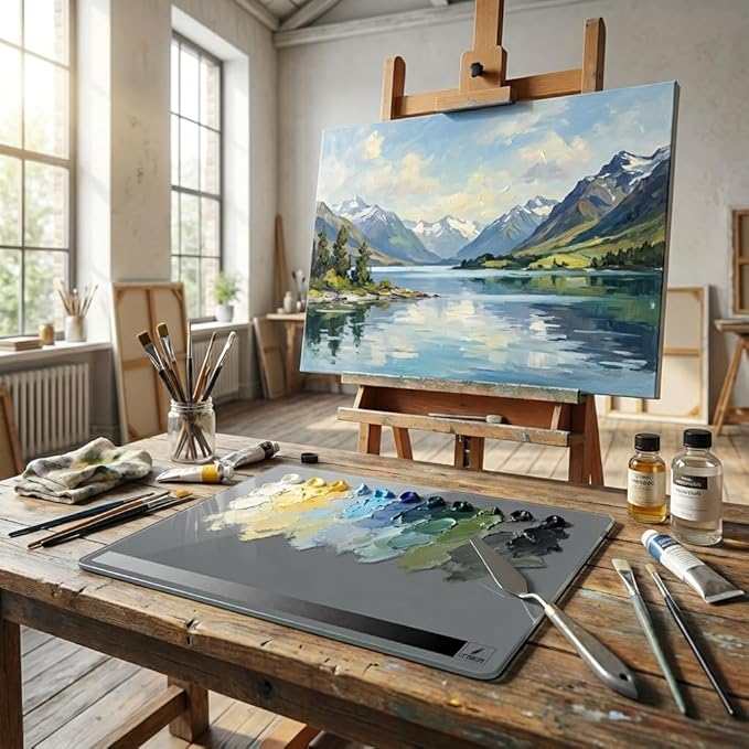 12x16 Inch Tempered Glass Palette for Oil & Acrylic Painting, Neutral Grey with Built-in Value Scale, Water Washable Easy-Clean Surface, Scratch-Resistant Color Mixing Palette