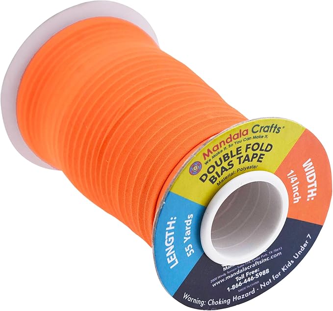 Mandala Crafts 55 Yards 1/4 Inch Orange Double Fold Bias Tape for Sewing - Bias Binding Tape for Quilting Binding, Hemming, Seam, and Fabric Piping